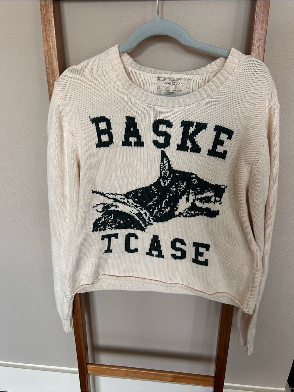 Cream Crewneck Sweater with Green Graphic